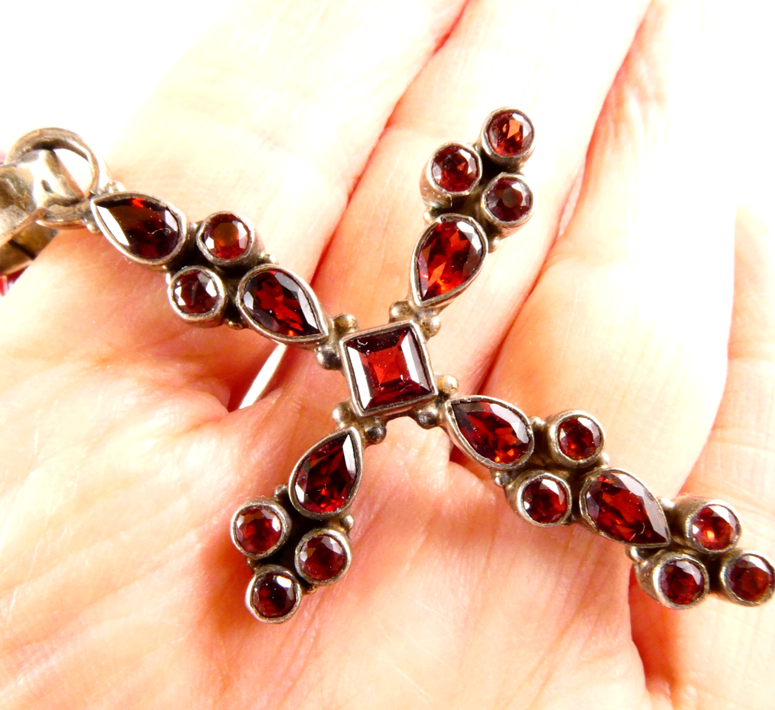Sterling Silver Garnet Cross Pendant Necklace Red Glass Barrel Beads Crystals
