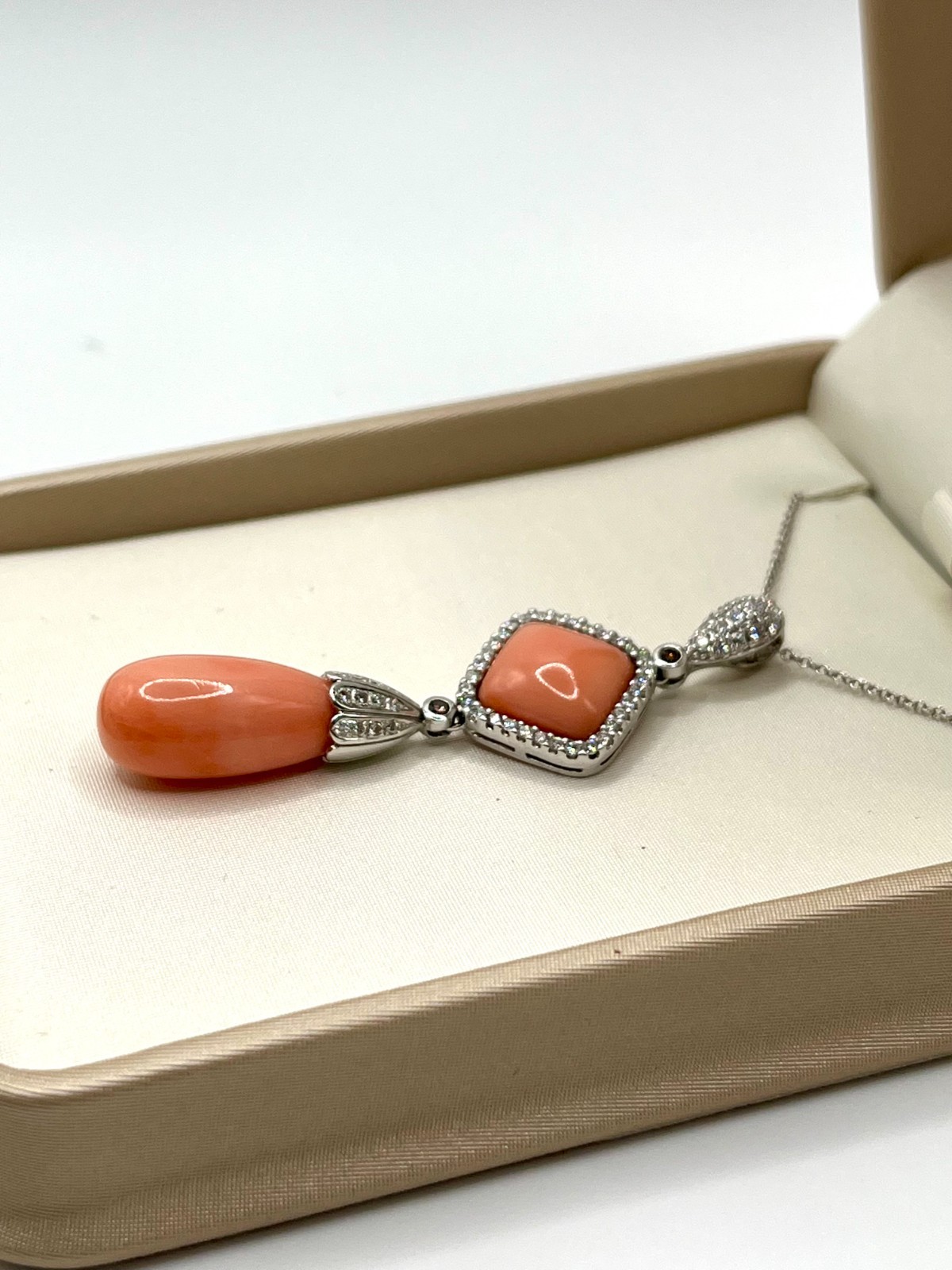 Pink Coral 18K White Gold Pendant and Necklace with Diamonds, 15″ Length