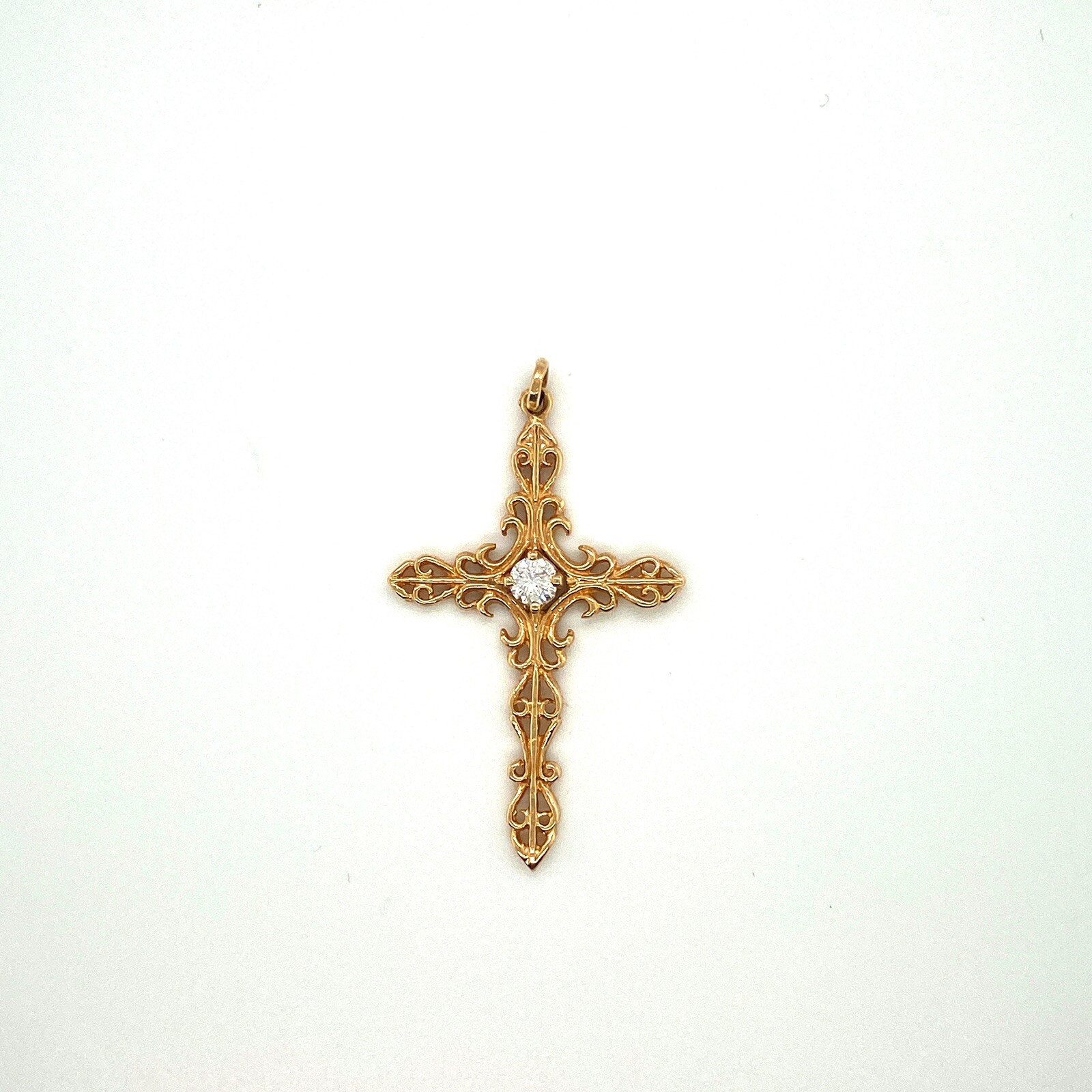Vintage 14k Yellow Gold 0.25 Ct Diamond Open Swirl Cross Pendant Female / Male