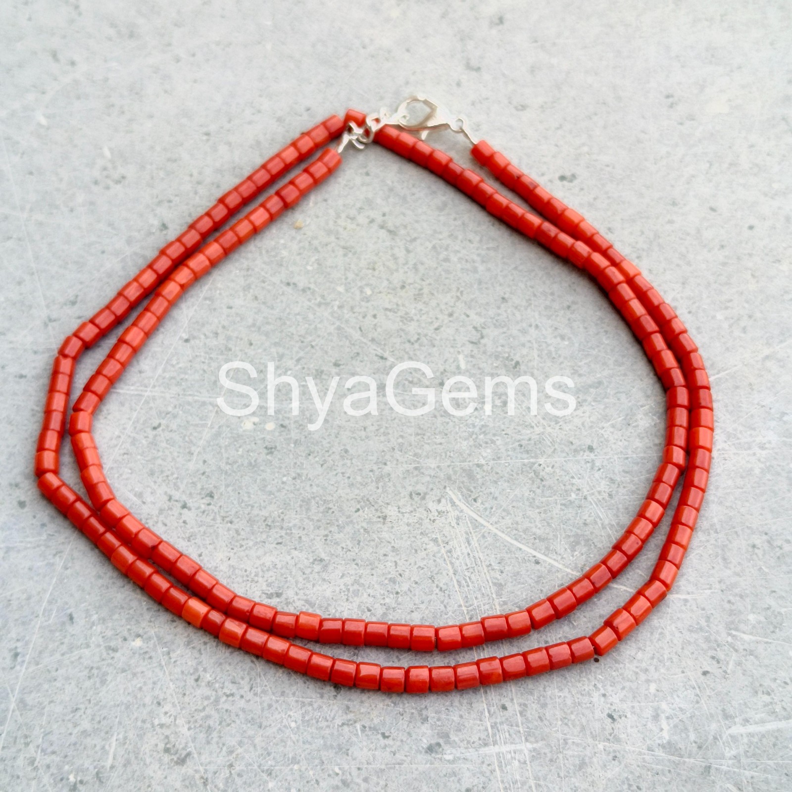 Red Coral Necklace 3mm Tube Beads, Sterling Silver Clasp, Handmade Gemstone Jew