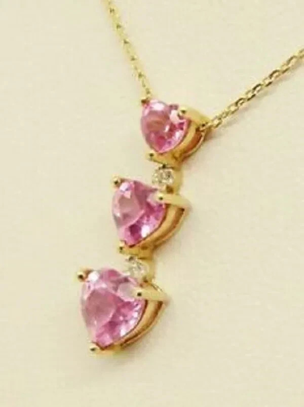 2.20Ct Heart Cut Pink Sapphire Three Stone Pendant 14K Yellow Gold Finish Chain