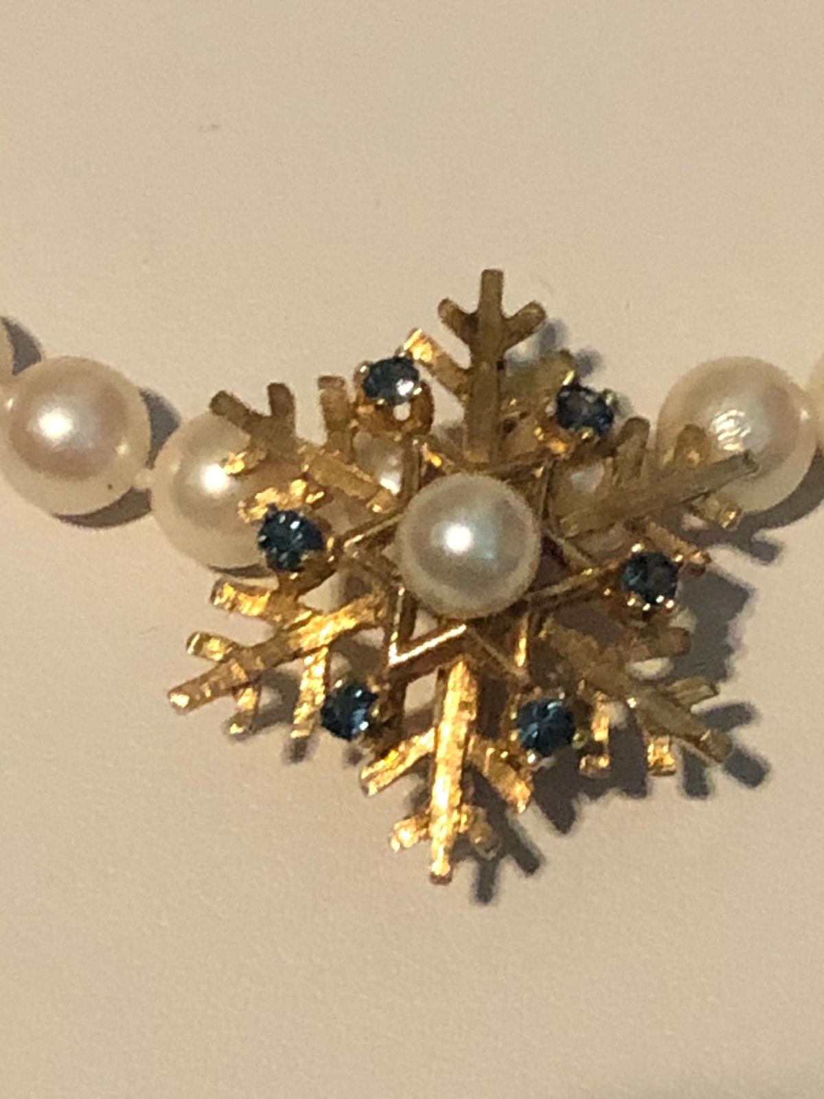 Vintage 14K Yellow Gold Pearl Blue Sapphire Pendant Enhancer Clasp, 5 gm