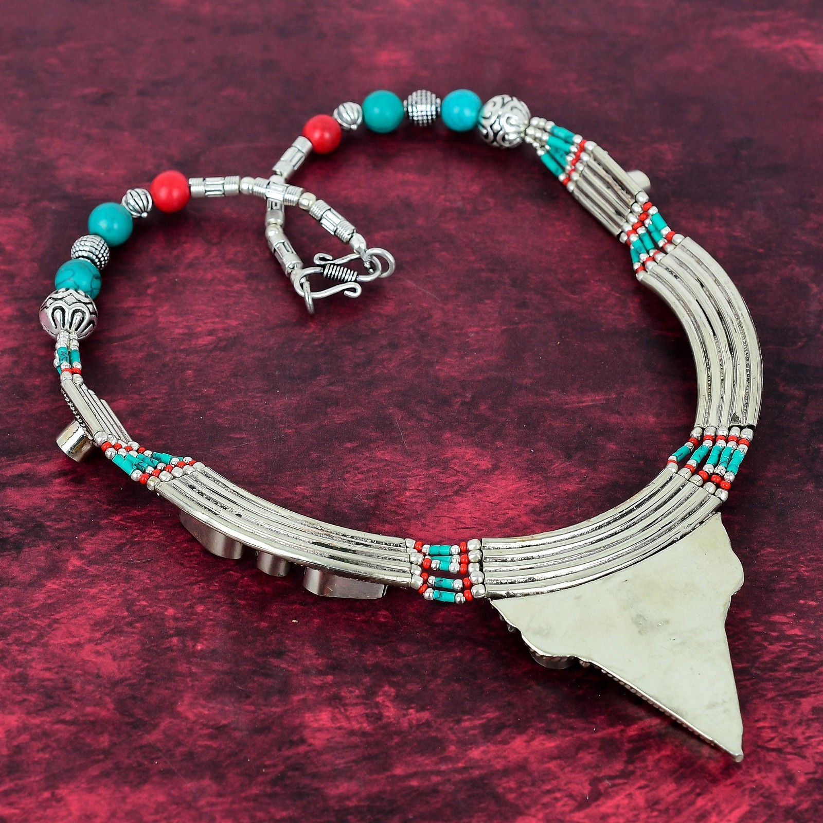 Turquoise, Coral Gemstone Handmade 925 Sterling Silver Nepali Jewelry Necklace