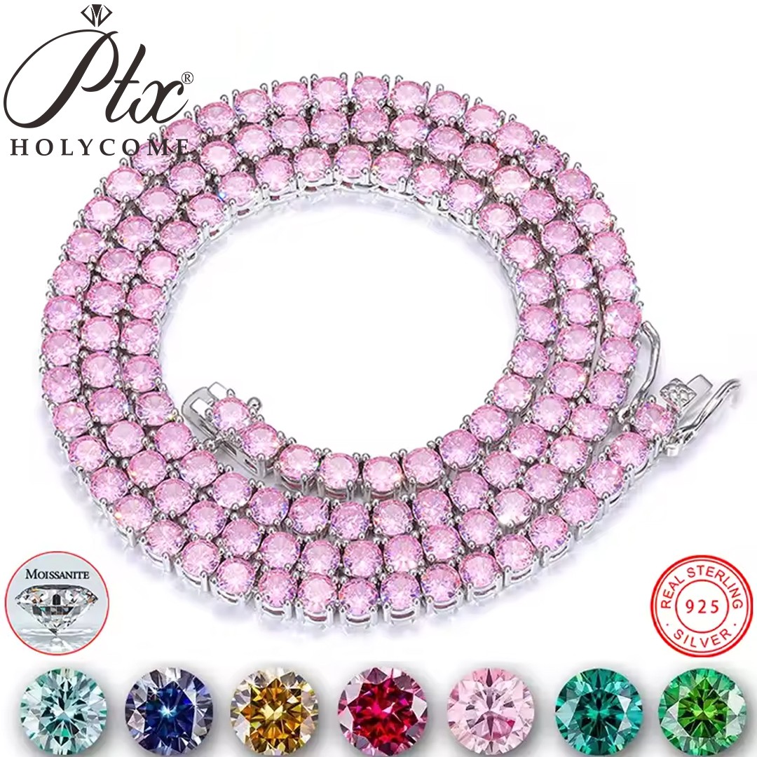 Colorful Real Moissanite Tennis Chain Necklace S925 Silver Bracelet Passes Test