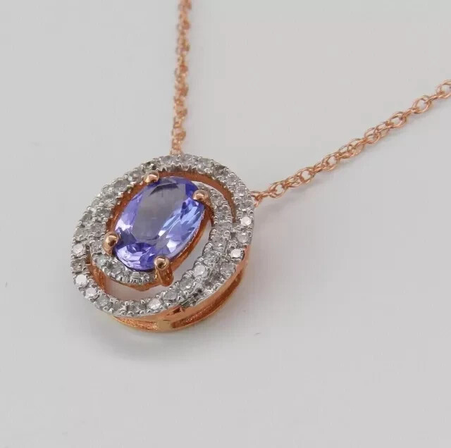 14K Rose Gold Plated 2Ct Oval Lab Created Blue Tanzanite Halo Pendant Necklace
