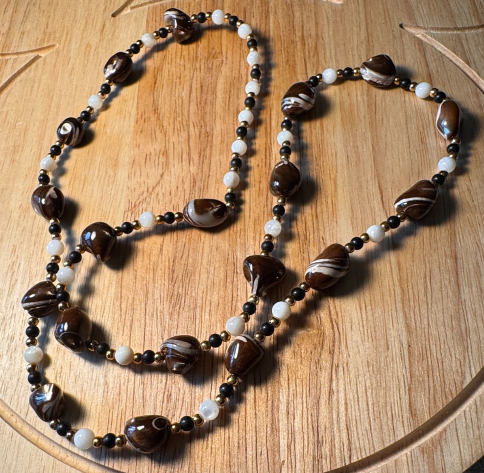 Earthy Brown Cream Faux Pearl & Tigers Eye Necklace 26″ J102