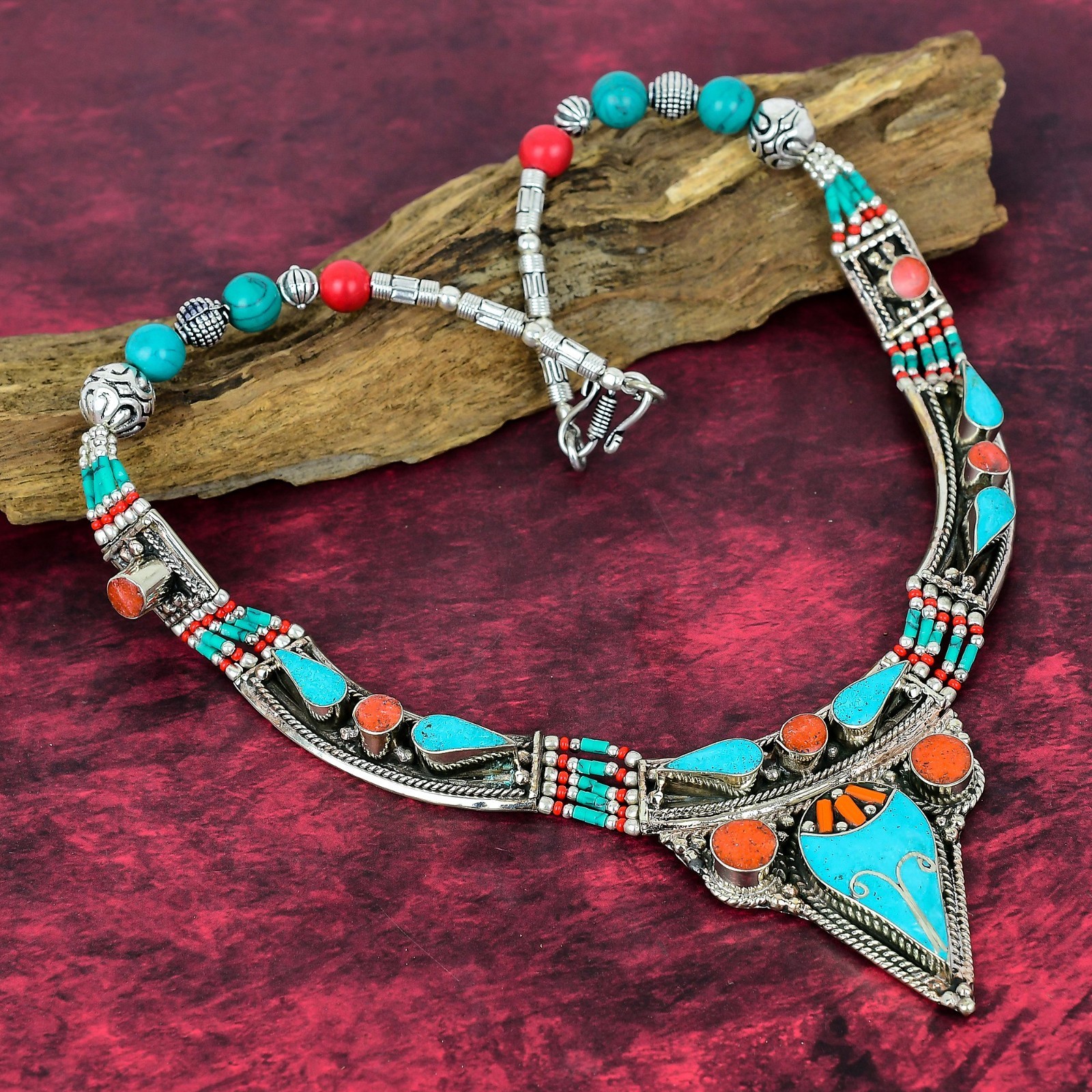 Turquoise, Coral Gemstone Handmade 925 Sterling Silver Nepali Jewelry Necklace