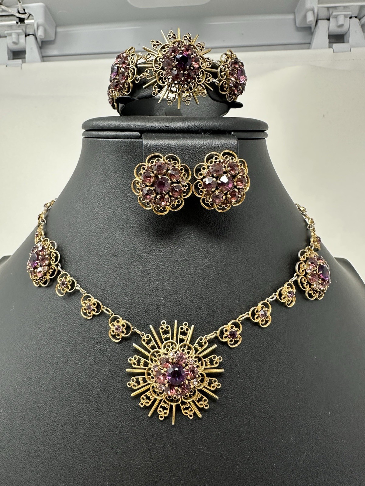 Sterling Silver Amethyst Floral Choker Necklace Bracelet Earrings Set 60g 16” 6”