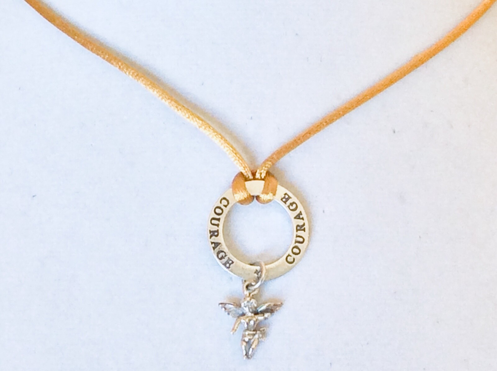 NWOT ~ STERLING SILVER ~ Courage Angel ~ Gold Silk Satin Cord ~ 27” Necklace