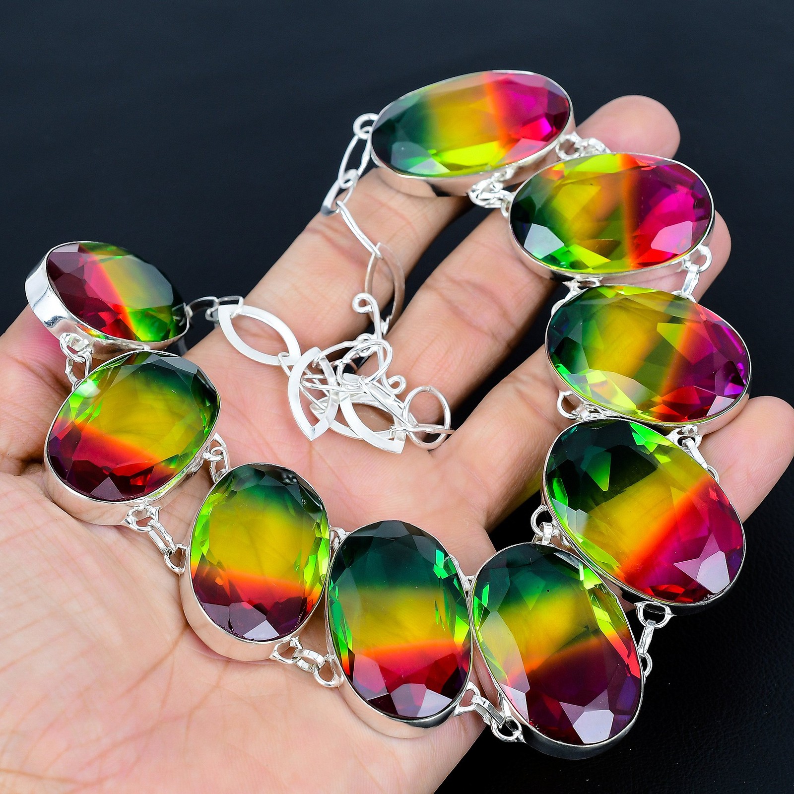 Multi Tourmaline Oval Gemstone 925 Sterling Silver Jewelry Necklace 18″ VJ 1407