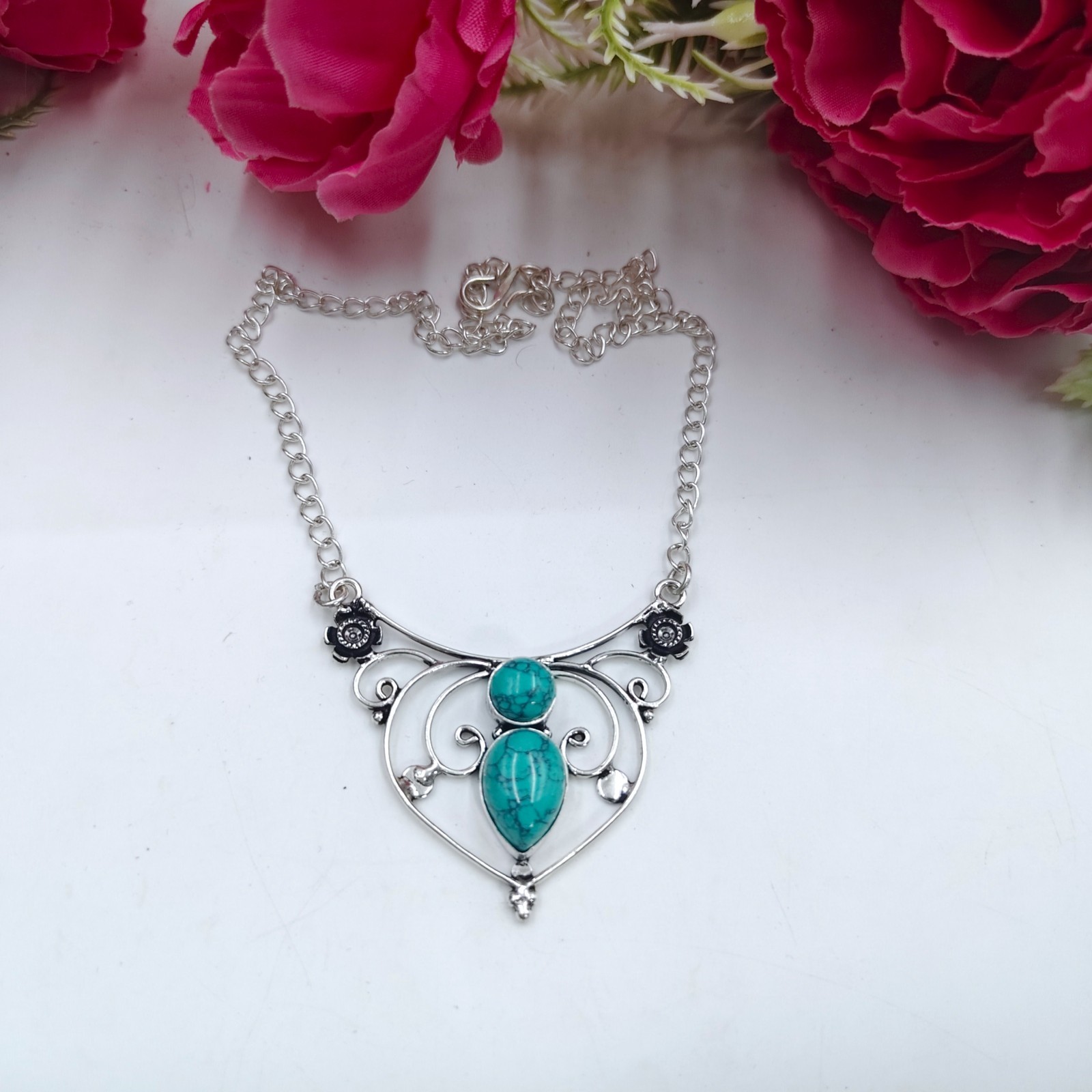 Blue Turquoise Gemstone Handmade 925 Sterling Silver Jewelry Necklace Sz-17-18″
