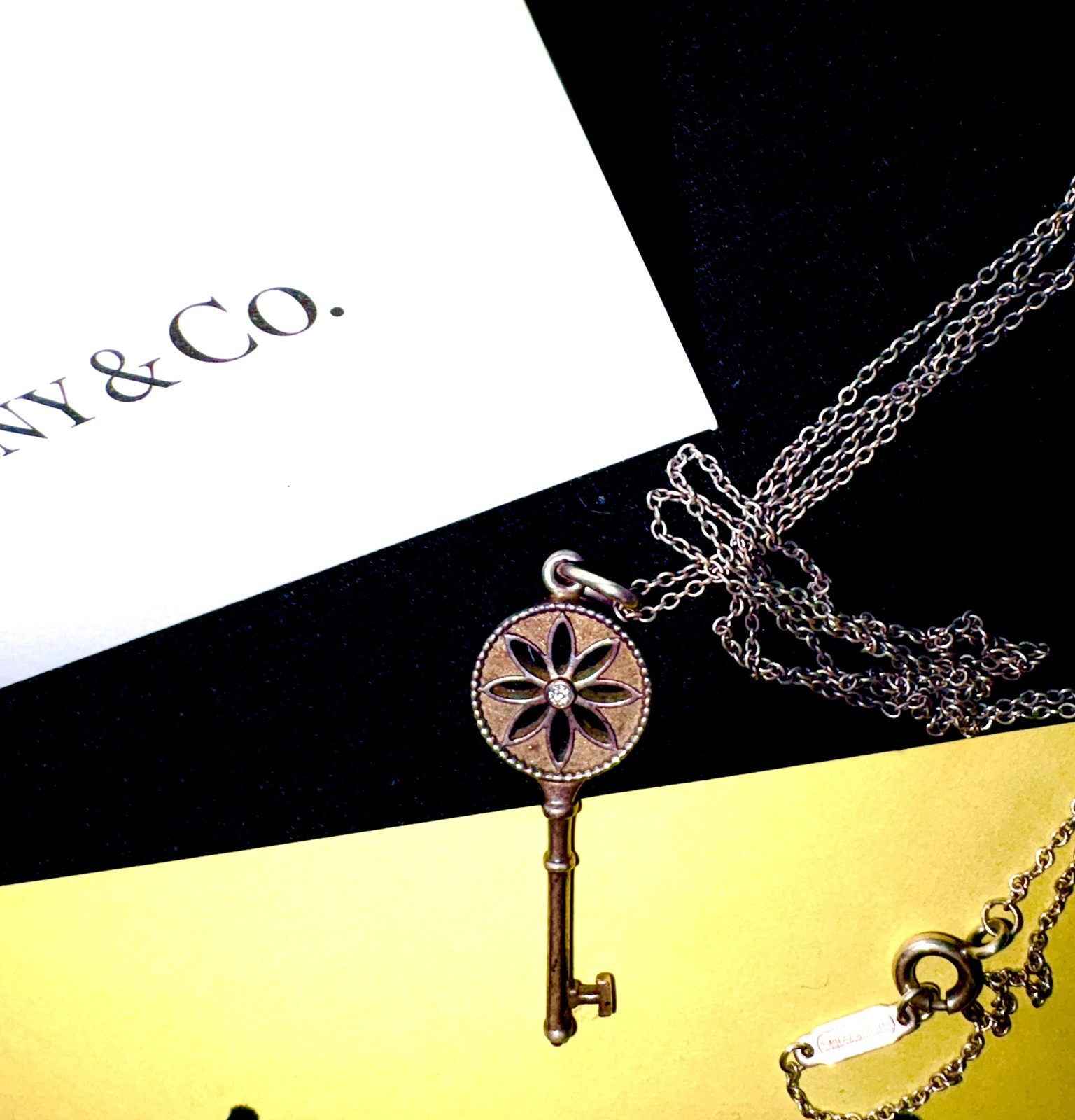 Tiffany & Co Silver Diamond Daisy Flower Key mini & Necklace both hallmarked