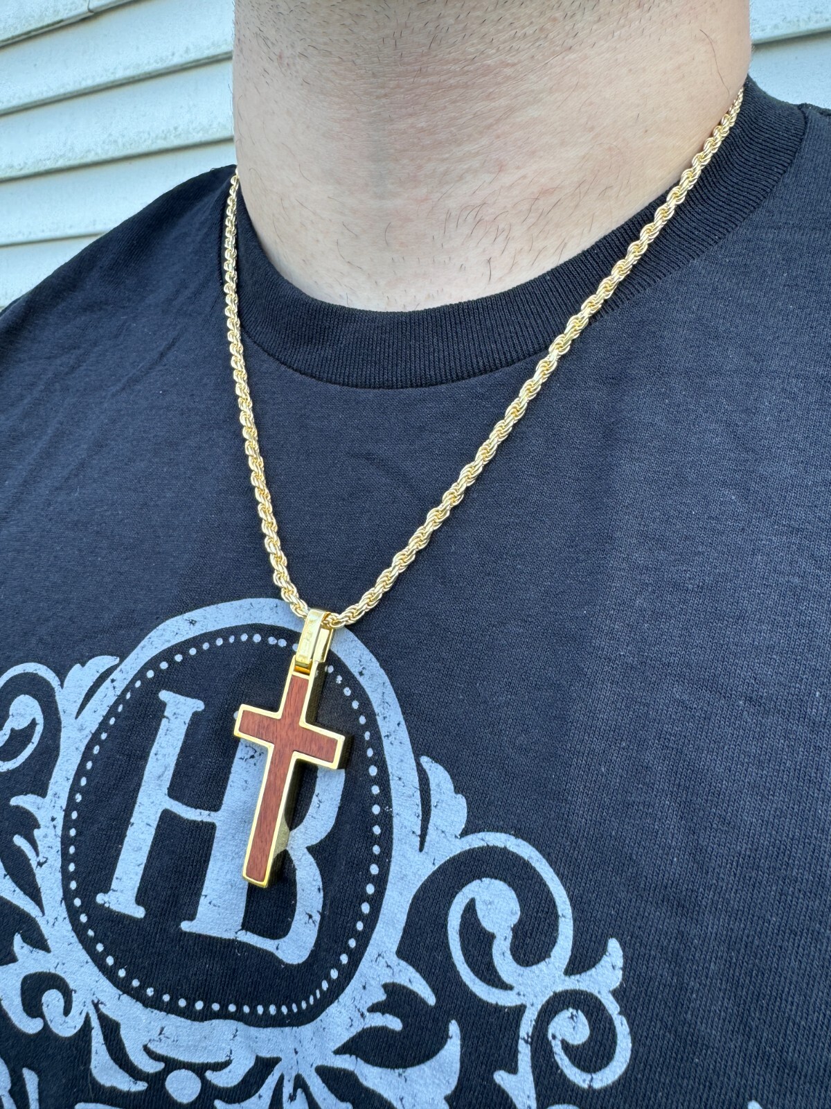 Large Mens Real 925 Silver & Wood Inlay Plain Religious Cross Pendant Necklace