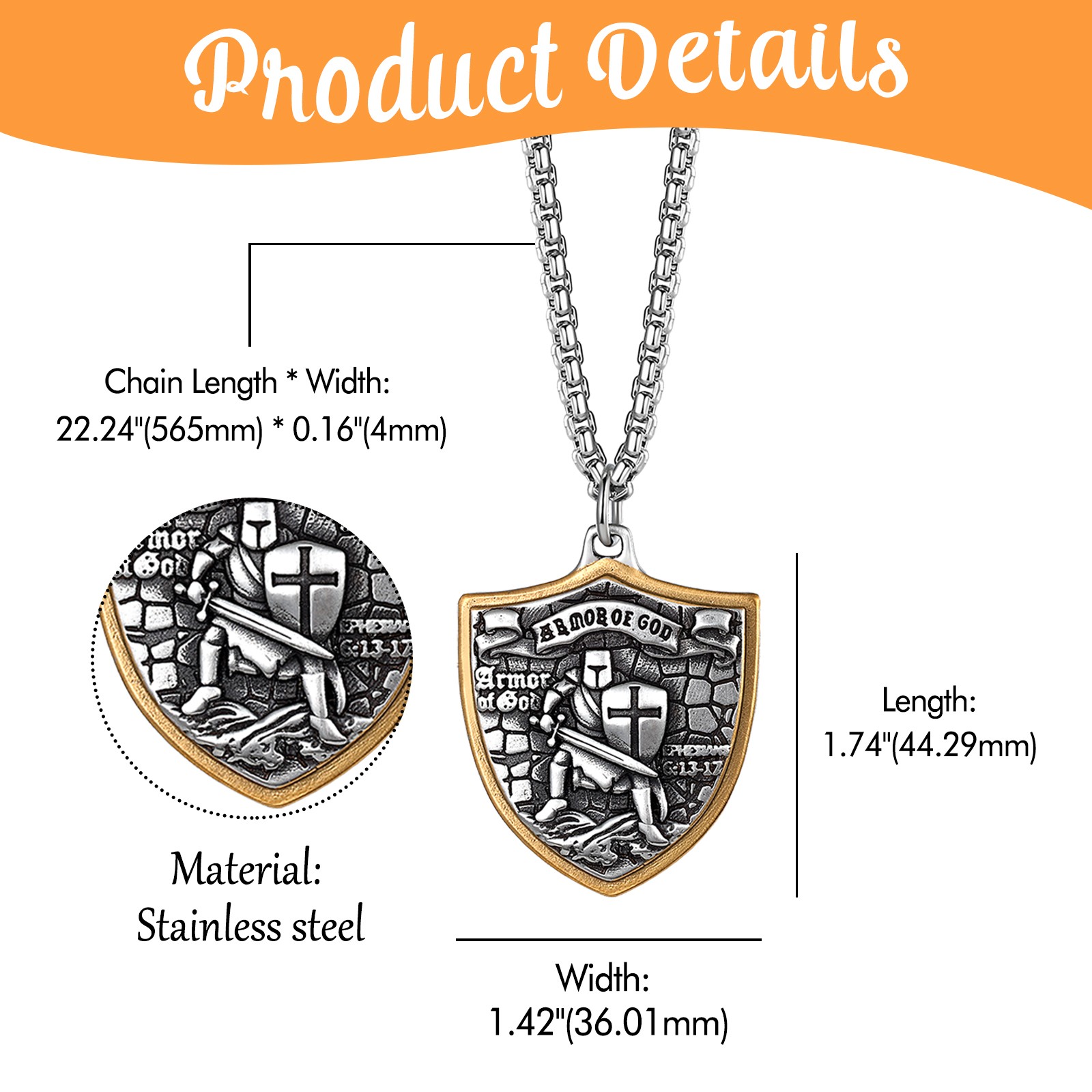 Men Armor of God Pendant Necklace Ephesians 6 Bible Verse Christian Prayer Gift