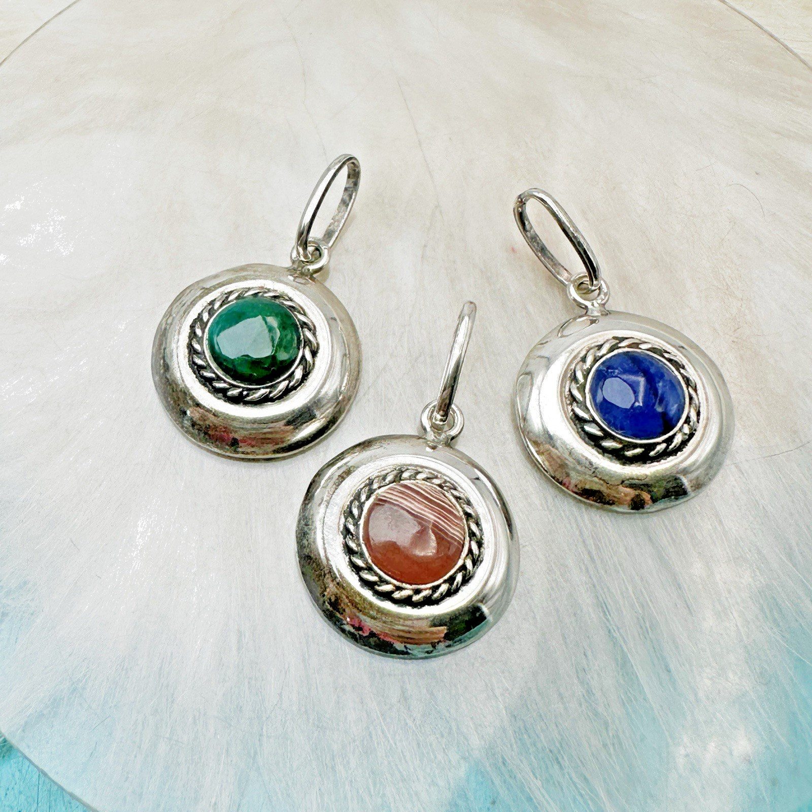 Set of 3 Sterling Silver-925 Round Gemstone Charms Pendants Sodalite Chrysocolla