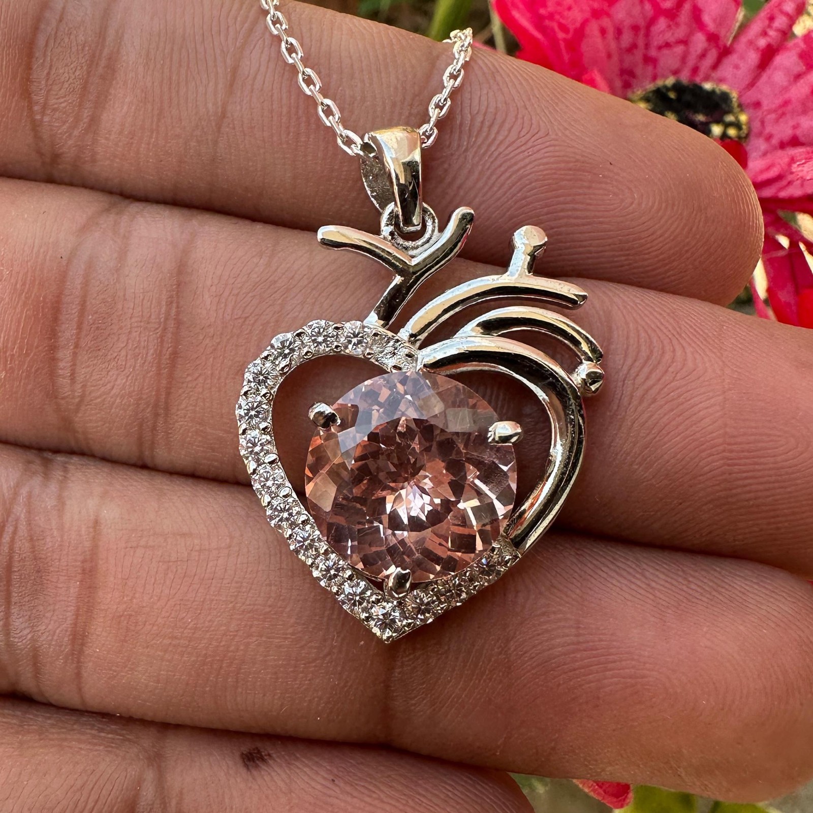 Certified Padparadscha Sapphire 30 Ct Heart Pendant Necklace 925 Sterling Silver