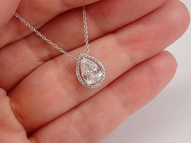 3 Ct Pear Cut Real Moissanite Halo Teardrop Pendant 14K White Gold Plated Silver