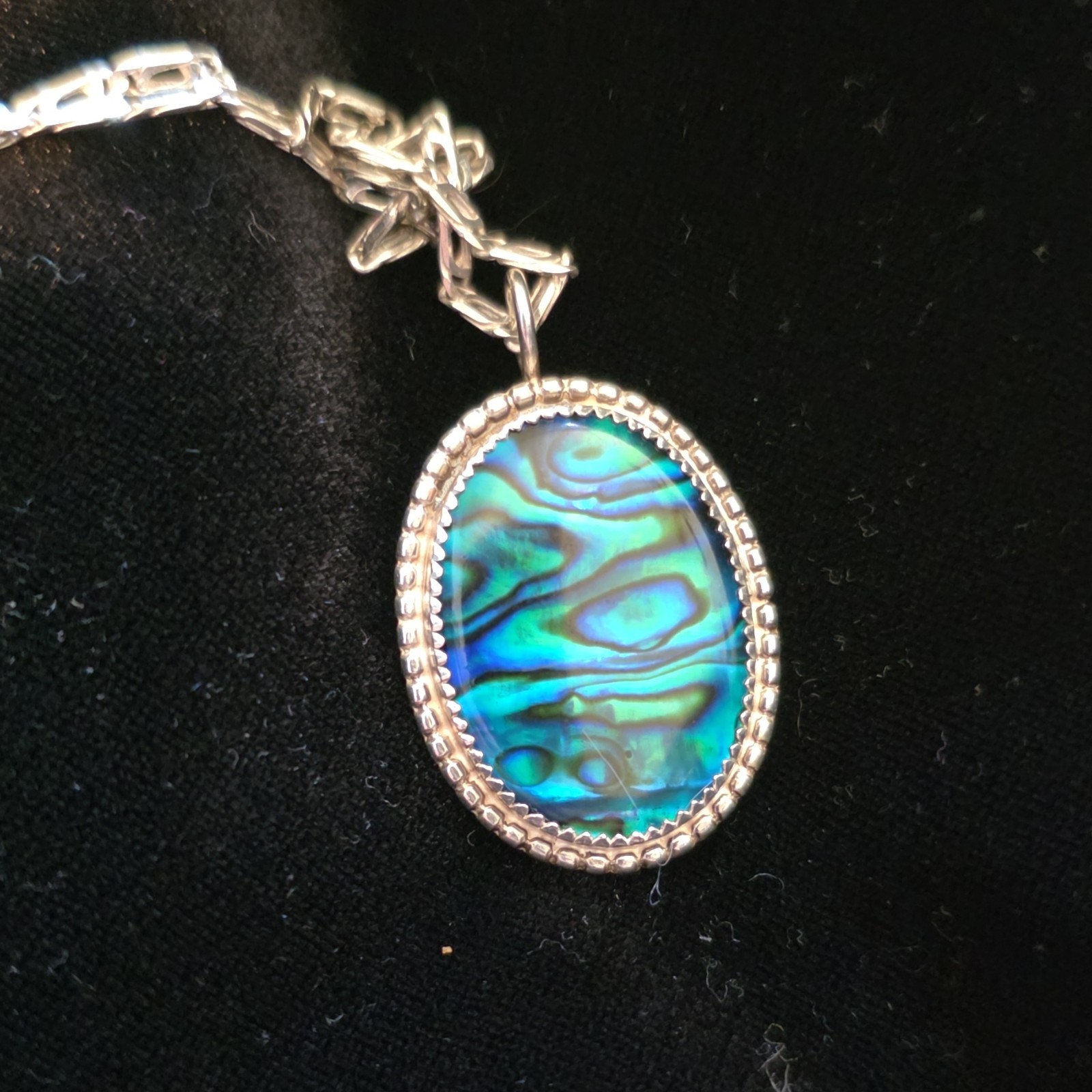 Sterling Silver Oval Abalone Pendant Necklace 18in Bar Link Chain