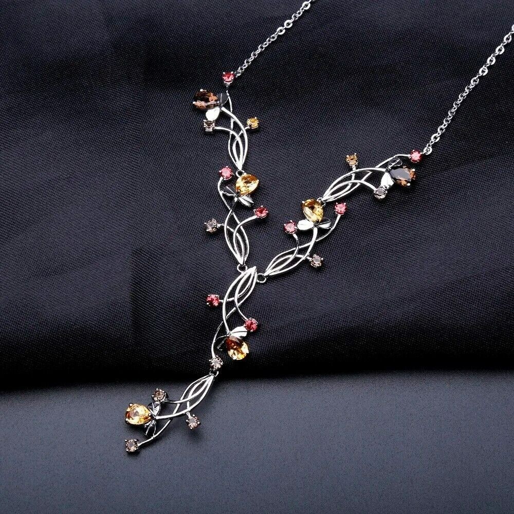 Natural Garnet Citrine 925 Silver Handmade Vintage Bridal Wedding Necklace