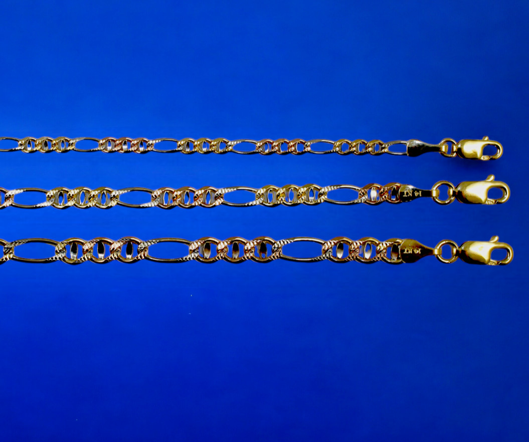 14K Tri Color Gold SOLID Figarucci Anchor Mariner Chain Necklace Link 3mm-5mm