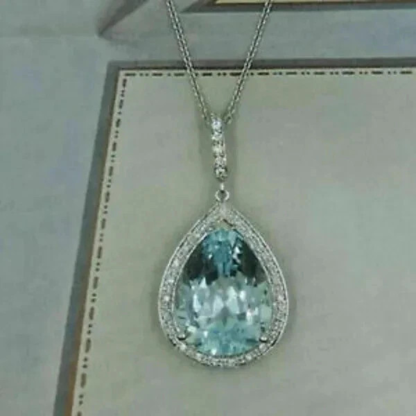 3Ct Pear Cut Lab Created Aquamarine Halo Pendant For Her 14K White Gold Plated