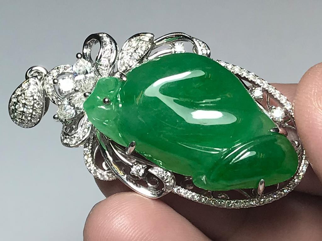 Male Organ God Rich Emerald Green Jadeite Jade 18K White Gold Diamond Pendant