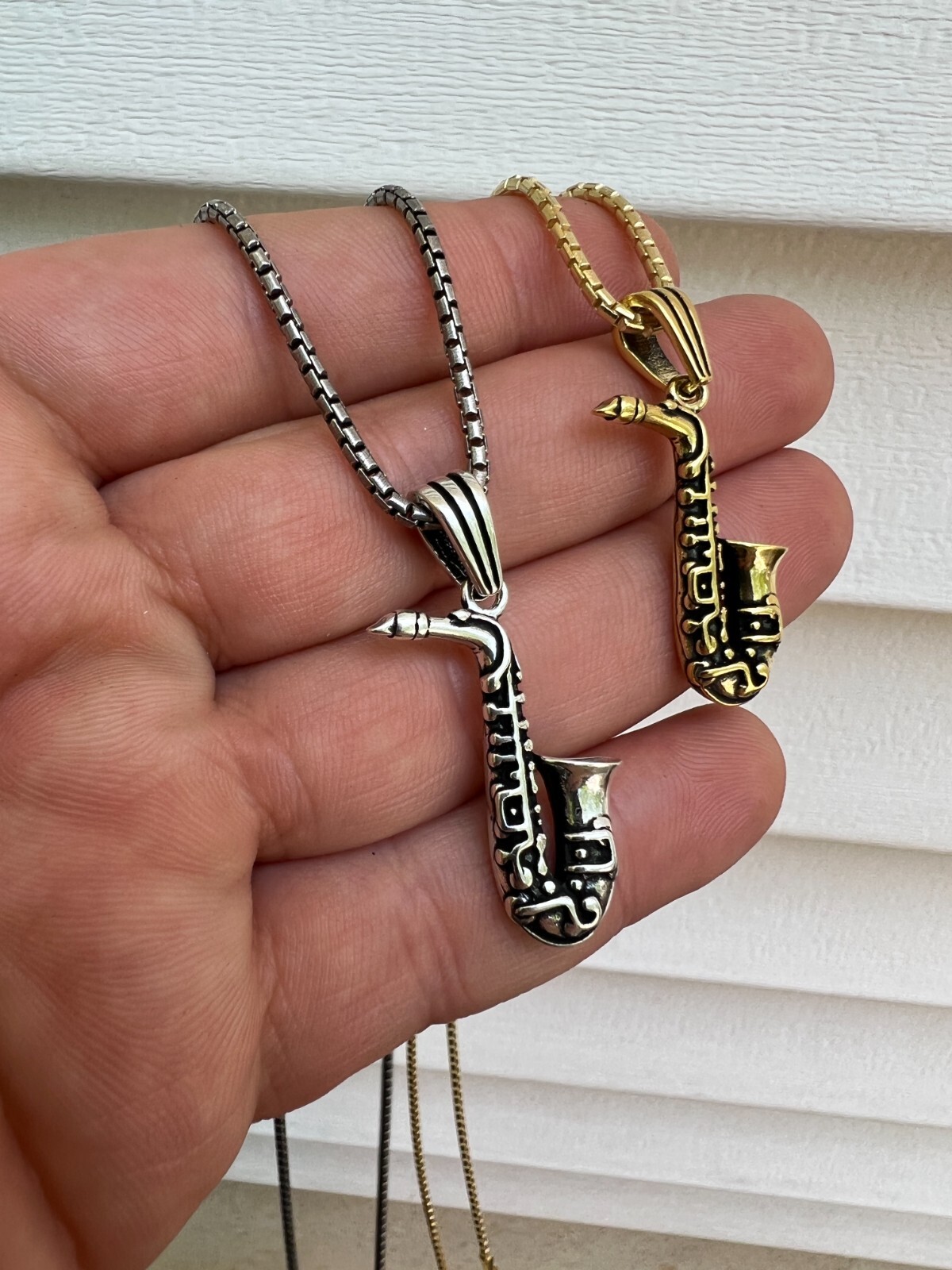 Real 925 Silver / 14k Gold Plated Jazz Saxophone Musical Pendant Necklace Charm