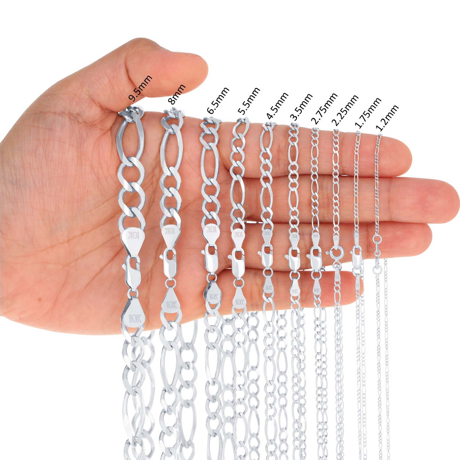 10K White Gold Solid 2.25mm-6.5mm Figaro Chain Necklace Mens Womens 16″- 30″