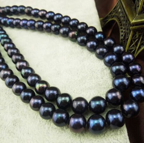 30″ AAA+ 10-9mm REAL NATURAL black round tahitian pearl necklace 14K gold