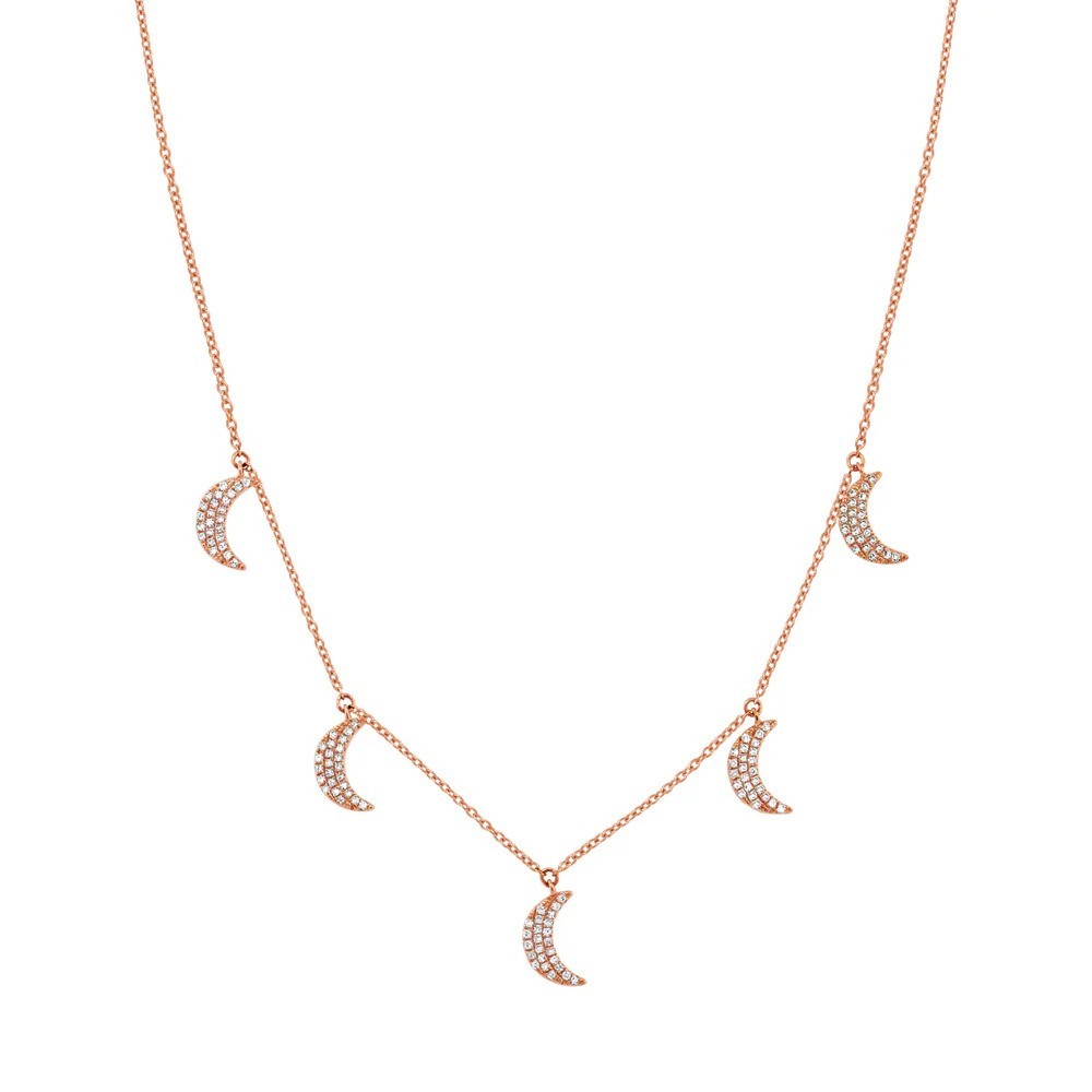 Crescent Studded Diamond Station Chain Necklace 14k Solid Gold Christmas Gifts