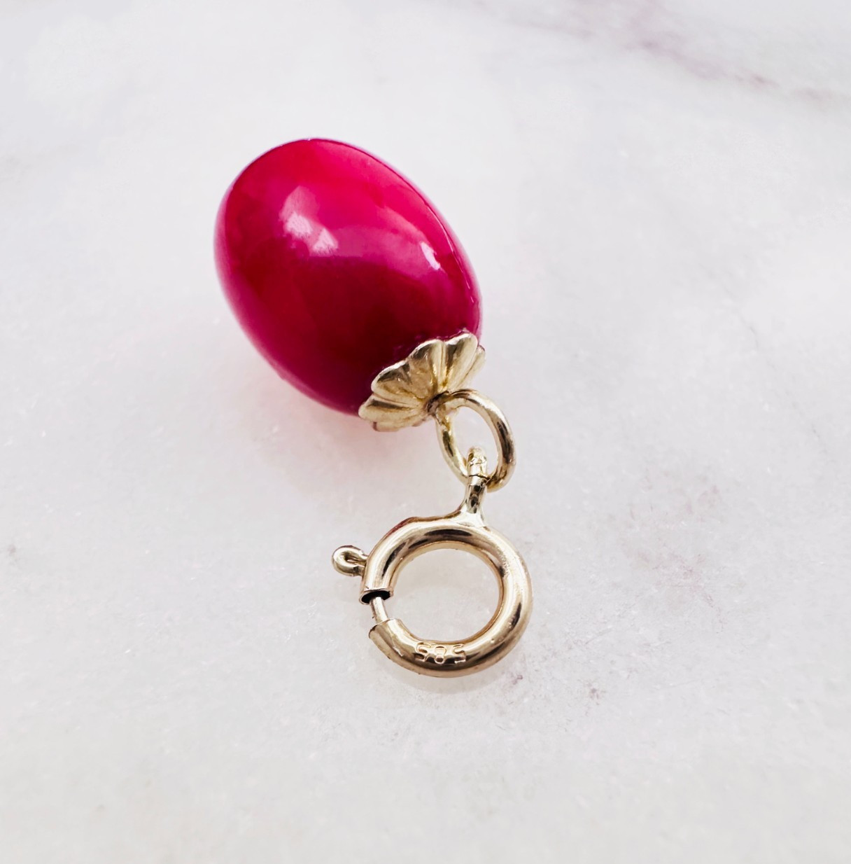 14K Solid Yellow Gold Small Barrel Red Coral Charm Pendant w/Spring Clasp