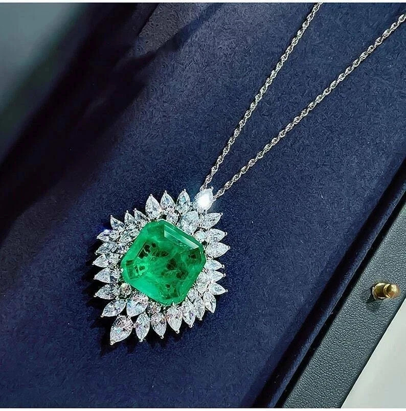 3Ct Asscher Lab Created Emerald Diamond Cluster Pendant 14K White Gold Plated