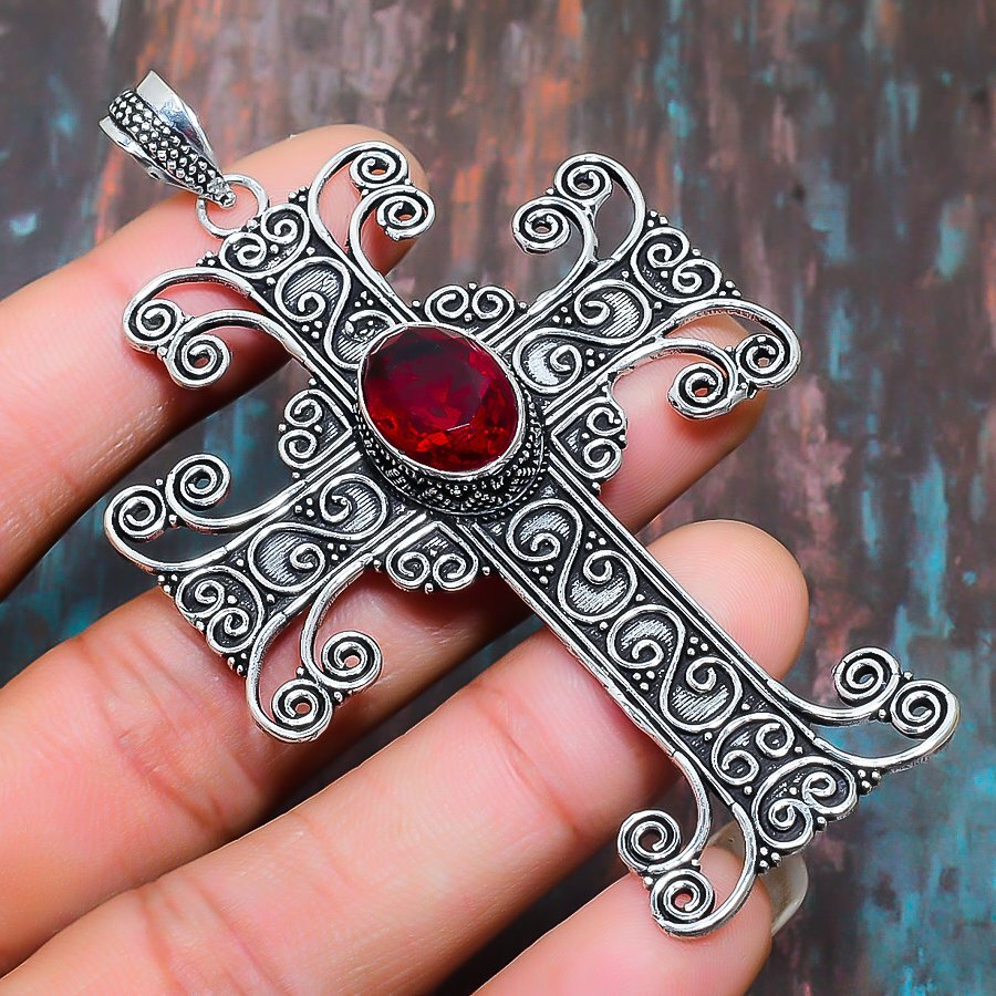 Cross Mozambique Garnet Gemstone Handmade Gift Jewelry Pendant 3.35″ z919