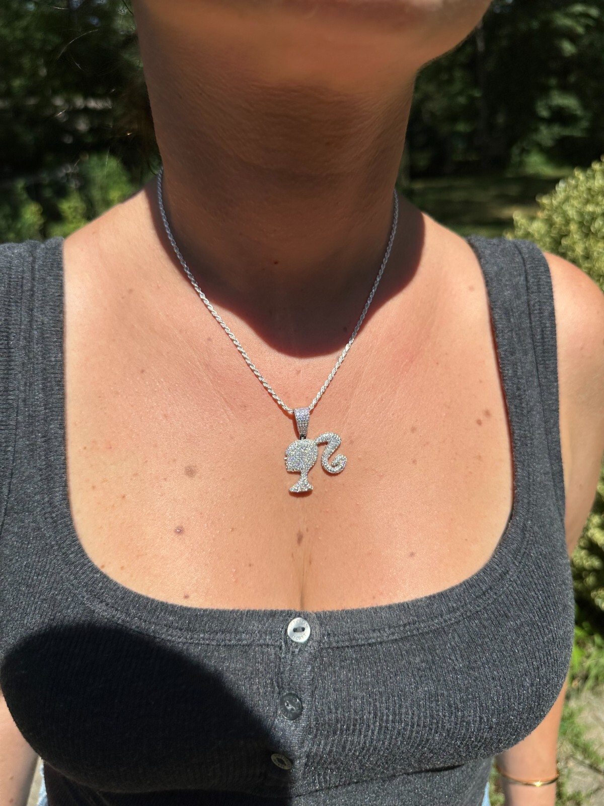 Real MOISSANITE 925 Silver Barbie Doll Pendant Necklace 14k Gold Plated Iced