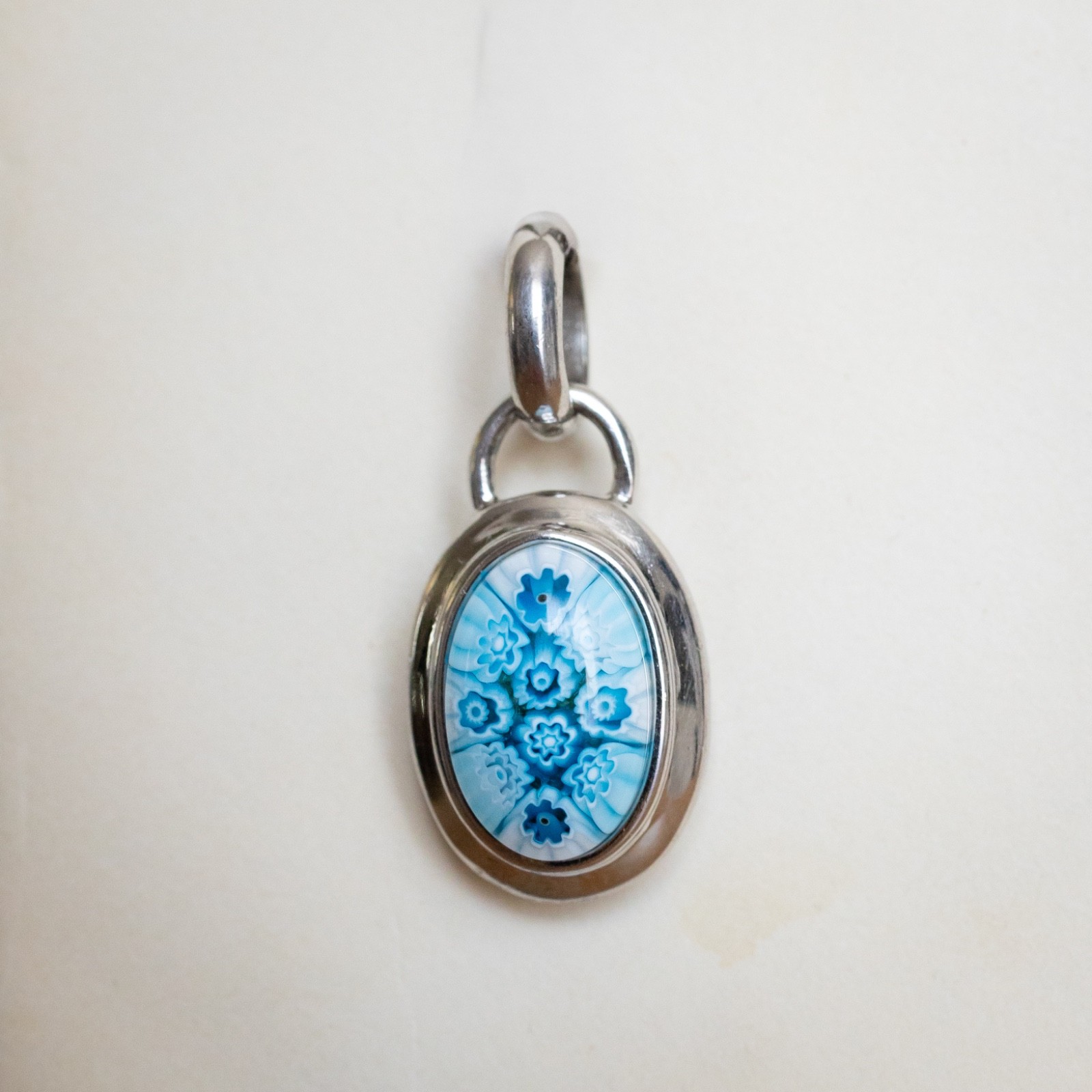 Alan K Signed 925 Sterling Millefiori Murano Glass Blue Flower Pendant Oval