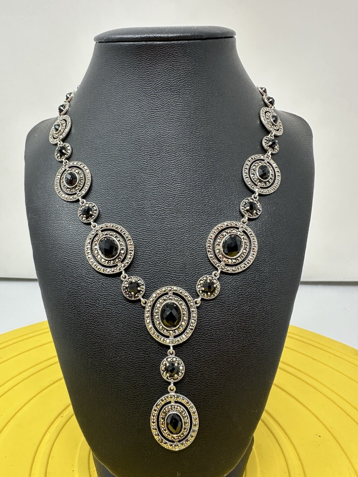 Sterling Silver Onyx & Marcasite Y-Drop Choker Necklace Modern Elegant 47g 17”+