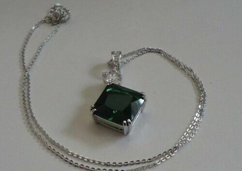 3Ct Cushion Cut Green Diamond Women’s Pendant 14K White GP Free Chain