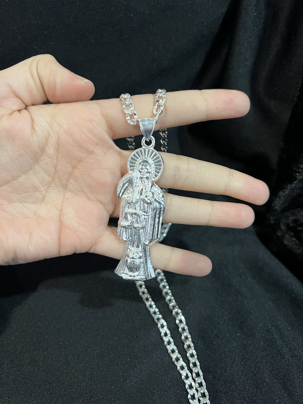 925 Sterling Silver Mens Big Santa Muerte Grim Reaper & Deck Curb Chain 22 26 30