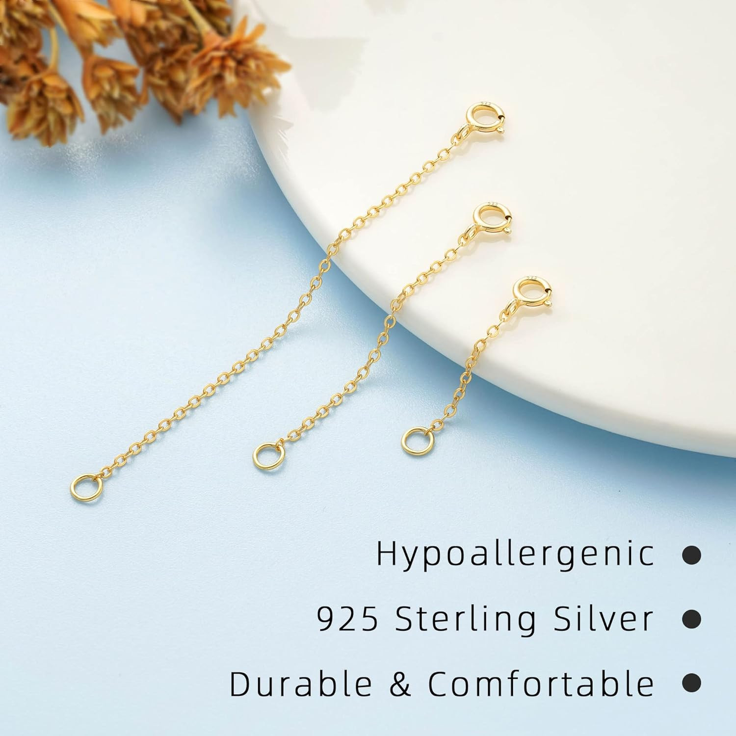 3 Pack Gold Necklace Extenders 14K Sterling Silver 1, 2, 3 Inch