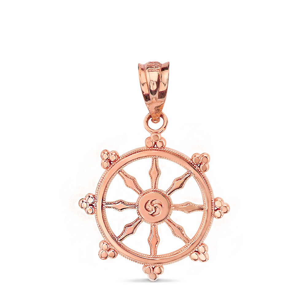 Gold Buddhism Dharmachakra Dharma Wheel Pendant Necklace (Yellow/Rose/White)