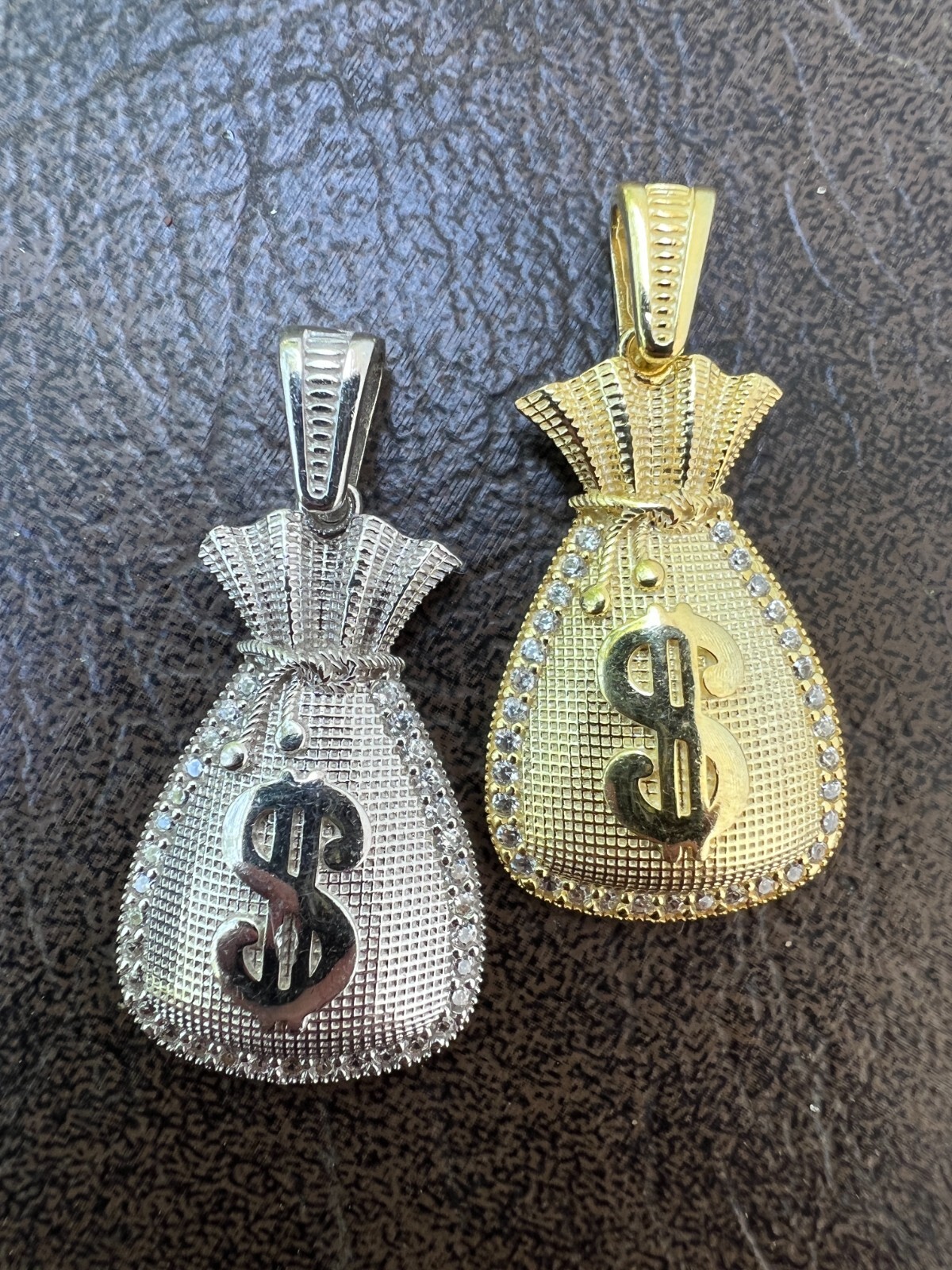Real 925 Silver / 14k Gold Plated Money Bag Dollar Sign Pendant Necklace Iced CZ
