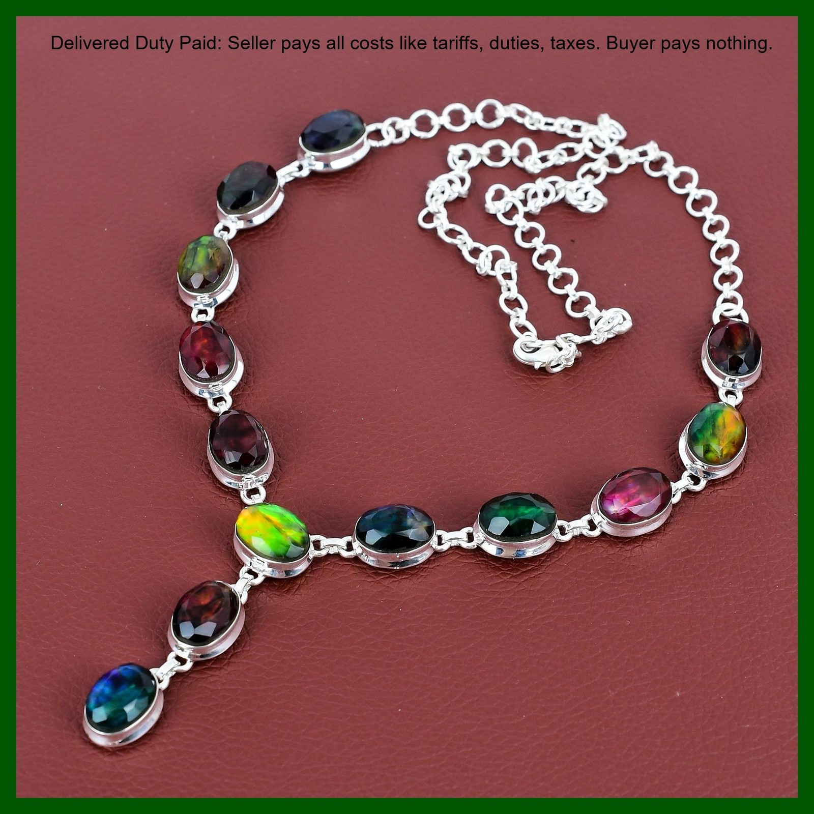 Oval Natural Ammolite 925 Sterling Silver Birthday Bezel Wife New Chain Necklace