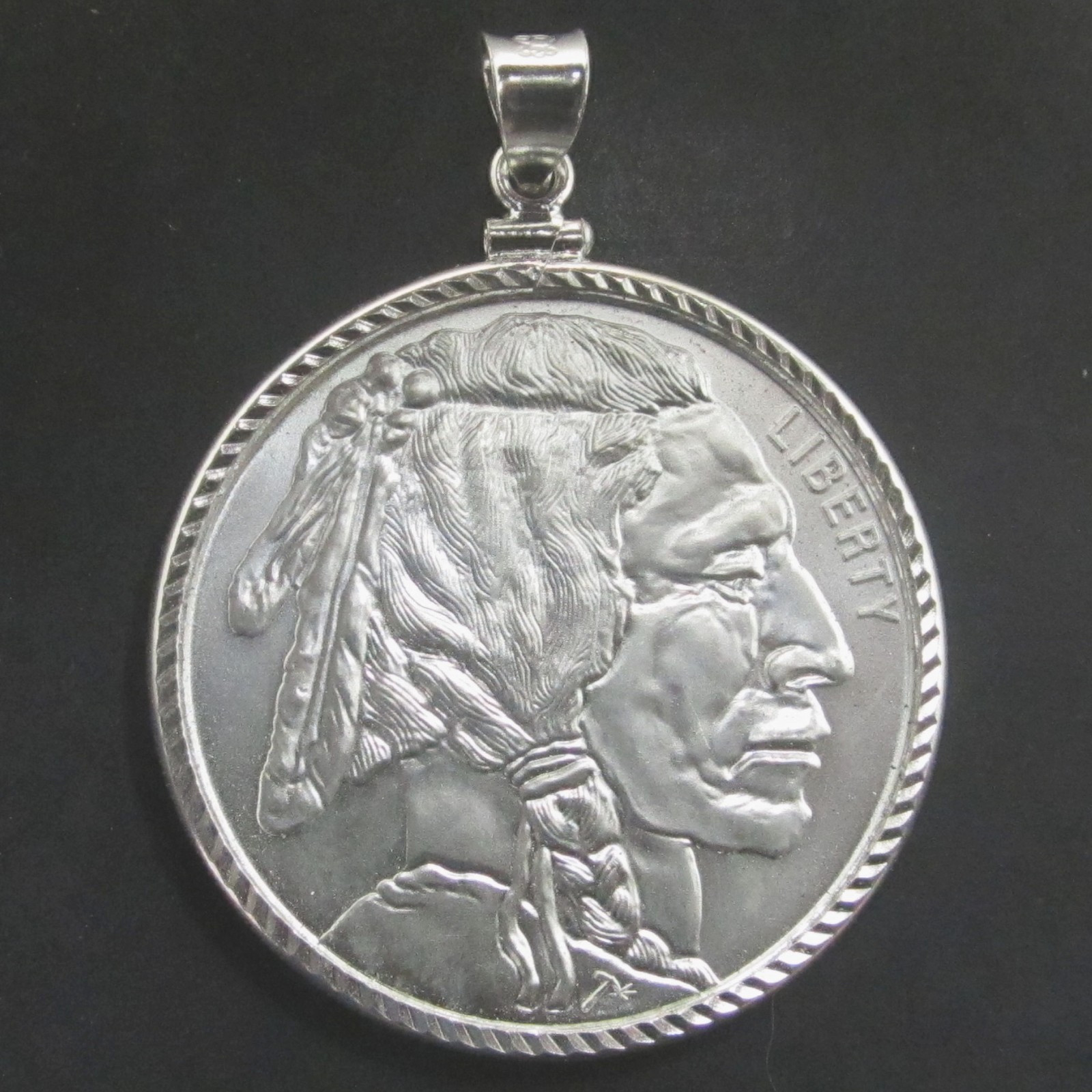 Coin Pendant 1 oz BU Fine Silver Indian Round Sterling Silver Diamond Cut Bezel