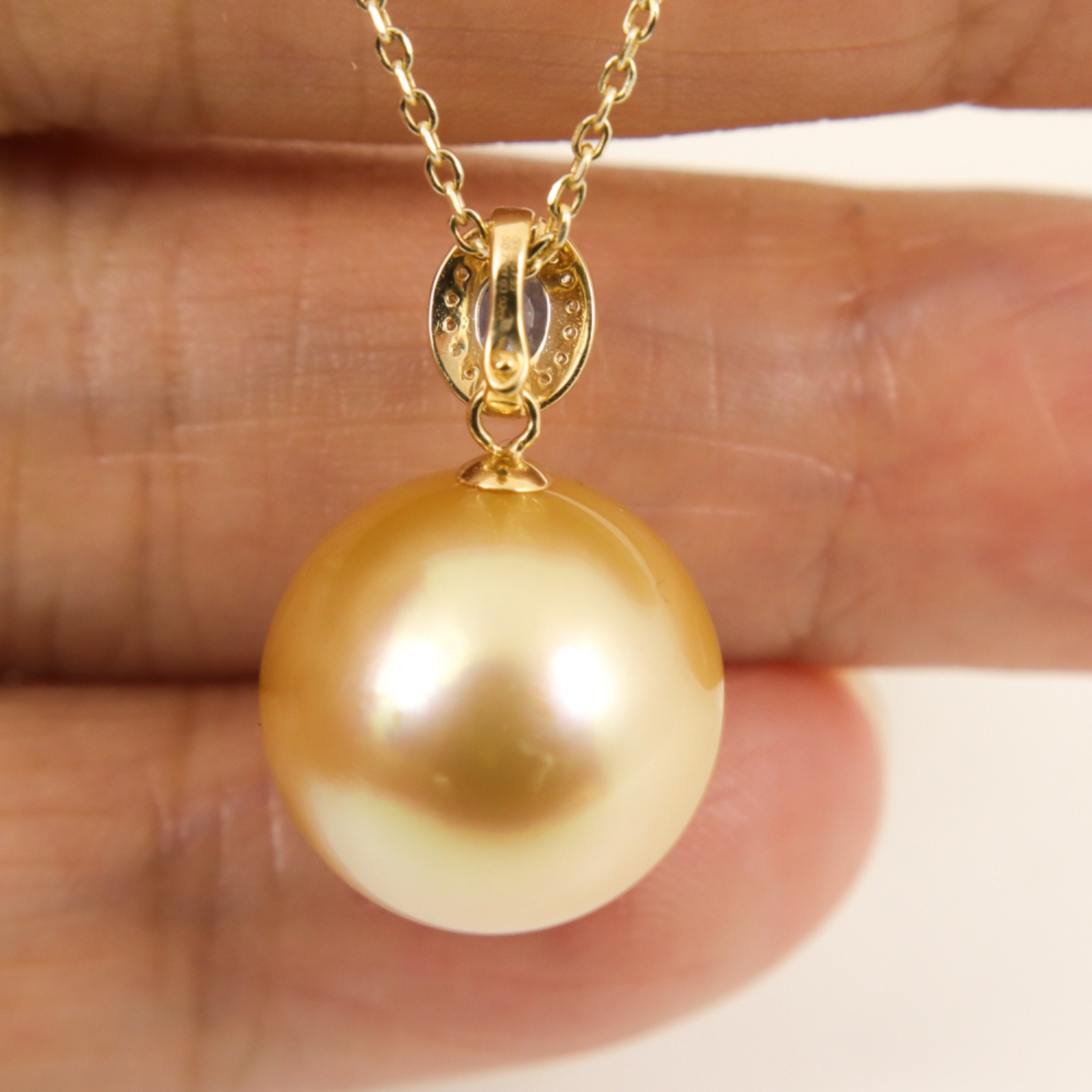 Massive 14mm Natural Golden South Sea Pearl Pendant w. Diamonds & Sapphire #113P