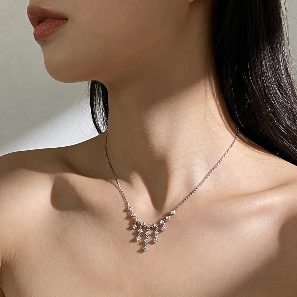 3mm Round Cut Real Moissanite Tassel Pendant Necklace 925 Sterling Silver Chain