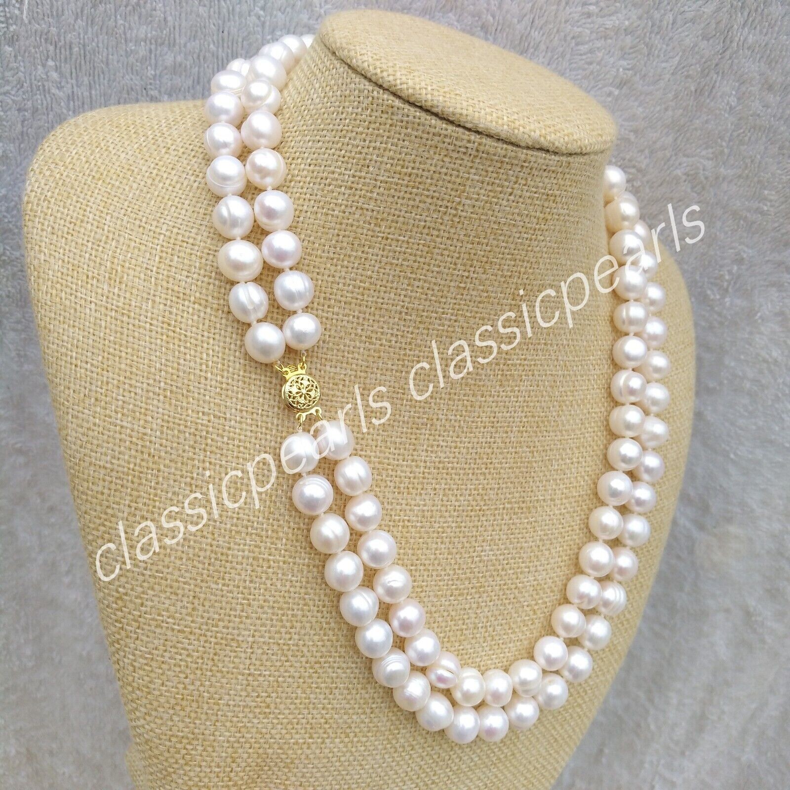 Double Strands AAA 10-11mm Baroque SOUTH SEA White Pearl Necklace 14k Gold P