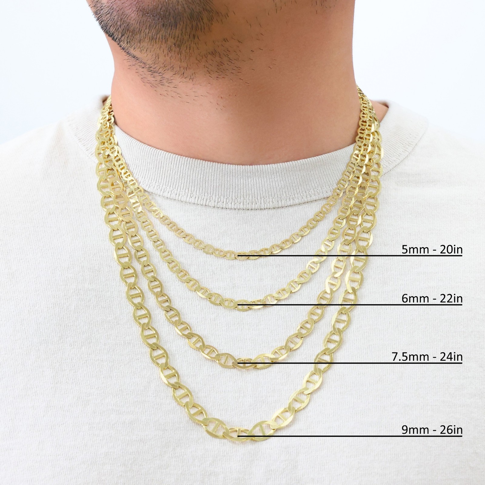 10K Yellow Gold Solid 2mm-9mm Mariner Anchor Flat Link Pendant Necklace 16″- 30″