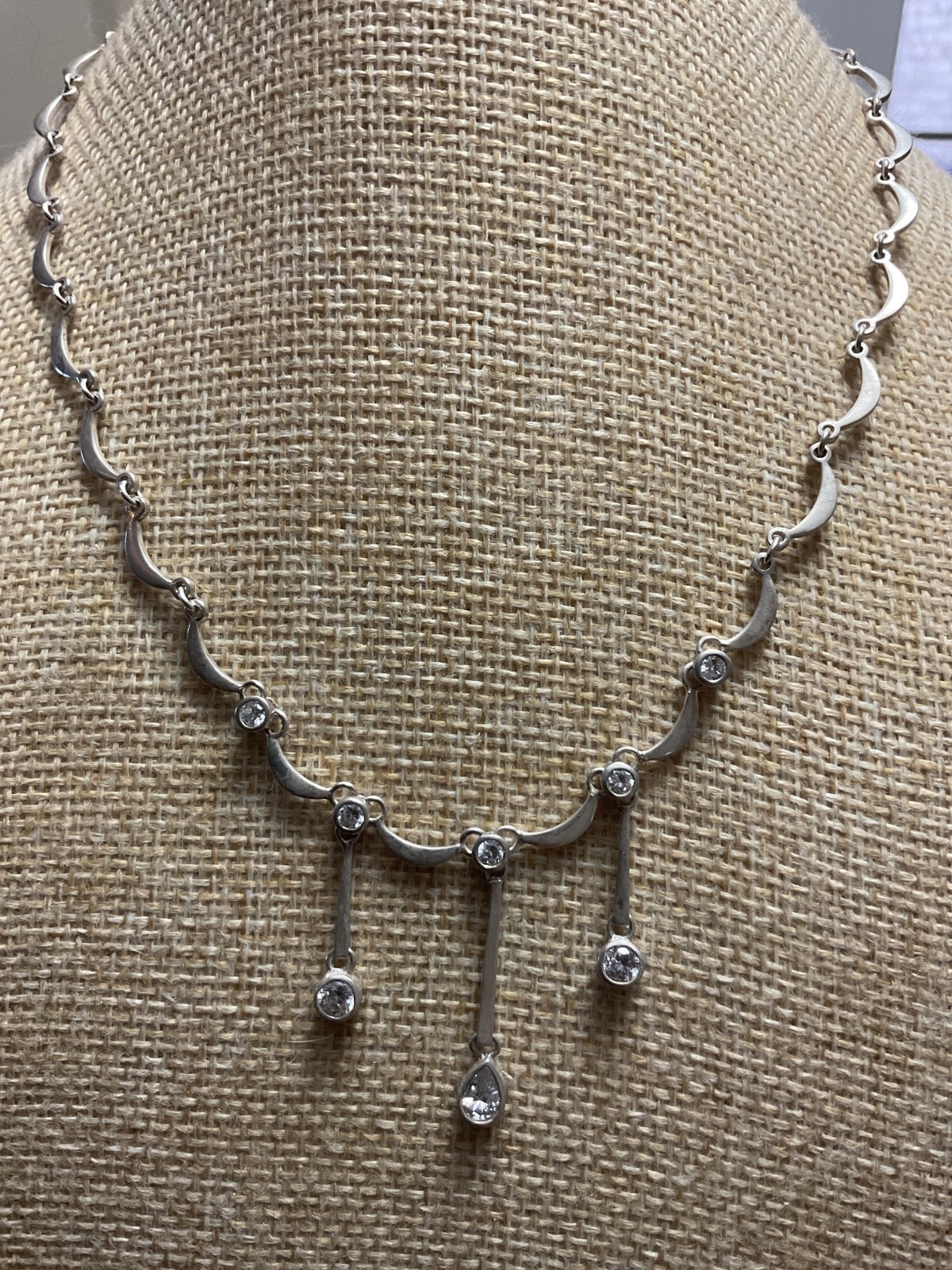 Sterling Silver 925 CZ Choker Necklace Drop Dangle Detail Signed