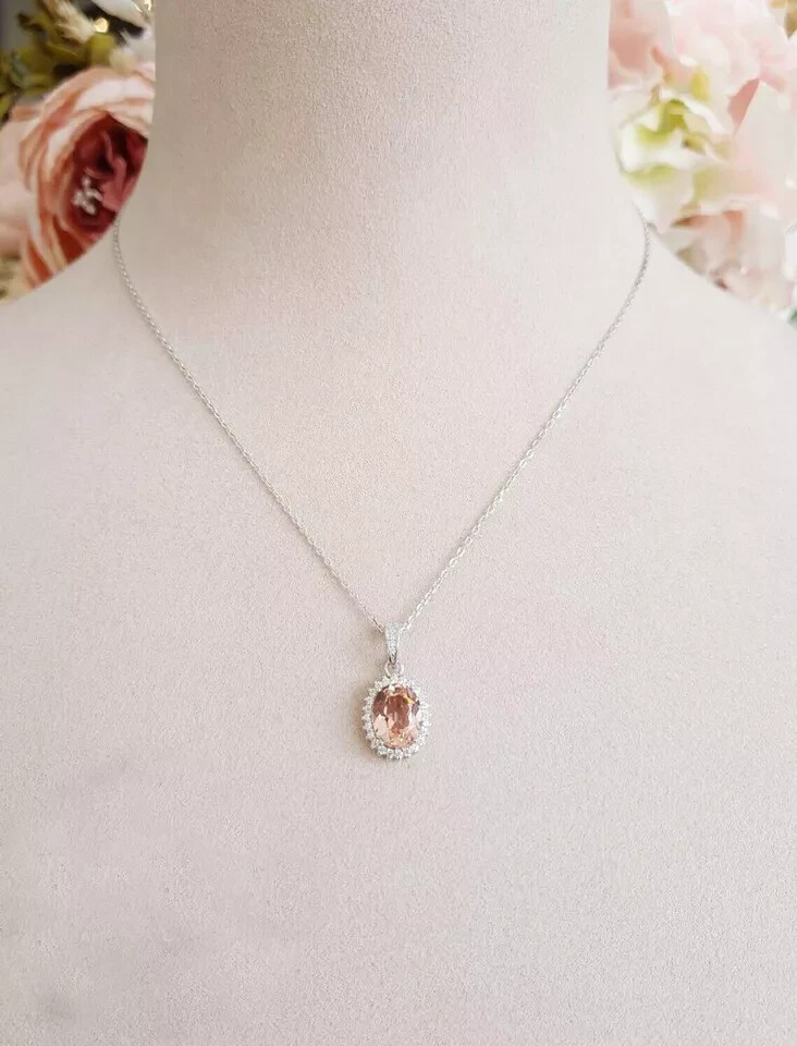 3 Carat Halo Morganite & Diamond Pendant With Free Chain 14K White Gold Finish