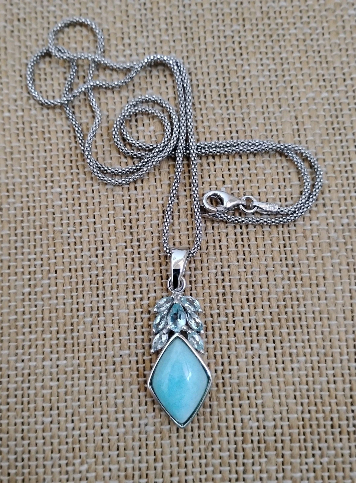 CFJ Thailand Larimar Blue Topaz Pendant Necklace Rhodium Plated Sterling Silver